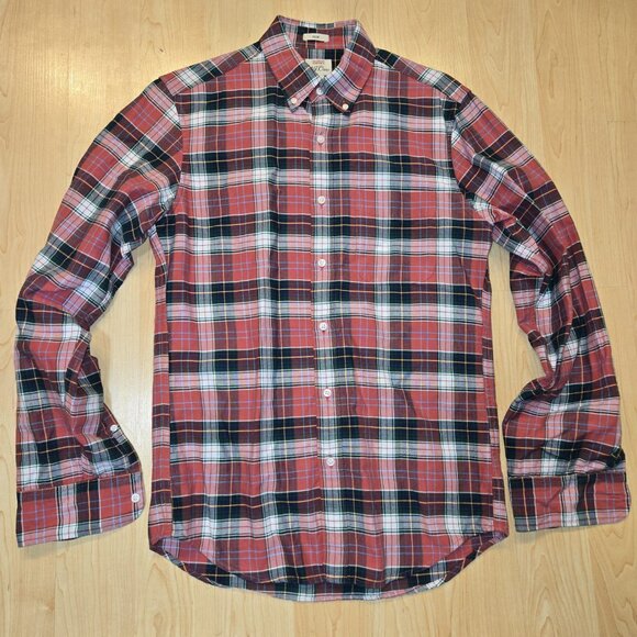 Men''s Check Plaid Slim Red Navy Button Down - Picture 3 of 3